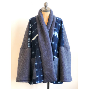 Shibori-dyed & Quilted Fabric Kimono Coat Indigo